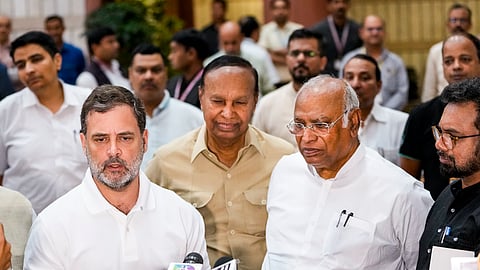 Leader of Opposition in the Lok Sabha Rahul Gandhi with Congress President Mallikarjun Kharge, DMK's TR Baalu and other leaders addresses the media after attending an all-party meeting over Operation Sindoor, in New Delhi, Thursday, May 8, 2025.