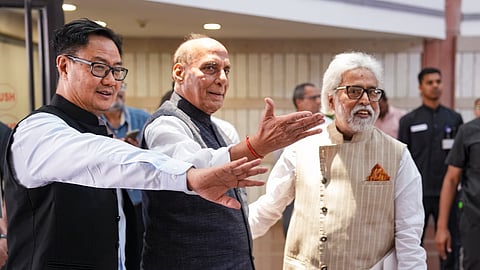 Union Defence Minister Rajnath Singh, Parliamentary Affairs Minister Kiren Rijiju and TMC leader Sudip Bandyopadhyay after attending an all-party meeting over Operation Sindoor, in New Delhi, Thursday, May 8, 2025.