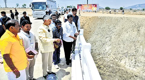 Chief Minister N Chandrababu Naidu inspects the ongoing works of Handri-Neeva Sujala Sravanthi (HNSS) in Anantapur district on Friday, May 9, 2025.