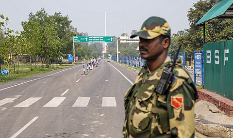 A Border Security Force jawan stands guard at the Integrated Check Post near the Attari-Wagah border amid rise in tension between India and Pakistan, in Amritsar district, Punjab, Friday, May 9, 2025.