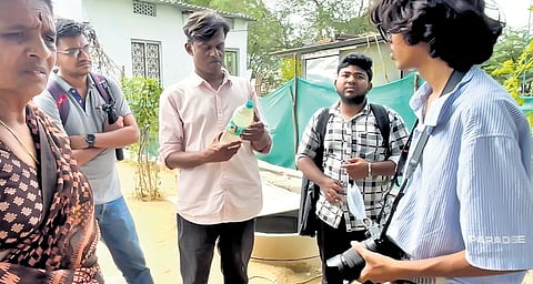 Chennai residents speaking to locals in Hyderabad on the impact of waste-to-energy plant; (inset) A resident affected by skin disease