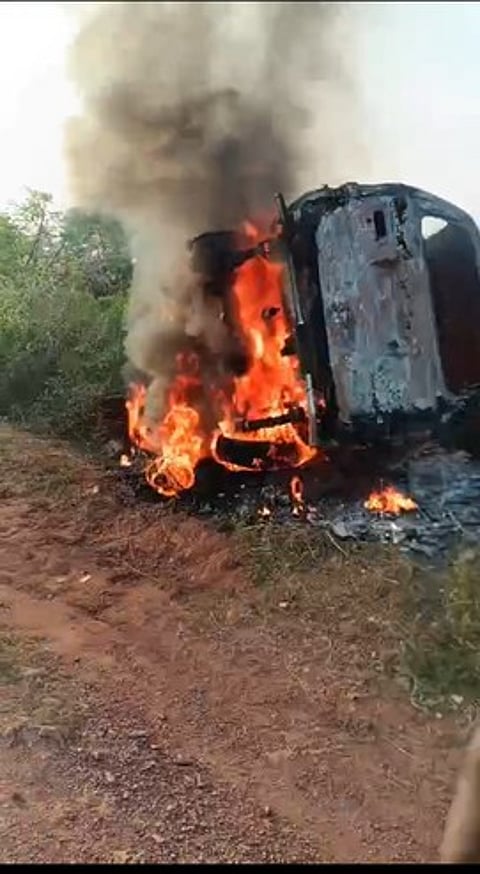 Locals who were going to Puri main canal for bathing early morning saw a Travera vehicle burning