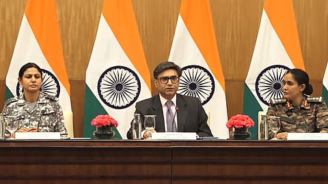 Foreign Secretary Vikram Misri (C) with Wing Commander Vyomika Singh (L) and Colonel Sofiya Qureshi (R) at a Ministry of External Affairs press briefing on cross-border firing by Pakistan, in New Delhi, Friday, May 9, 2025.