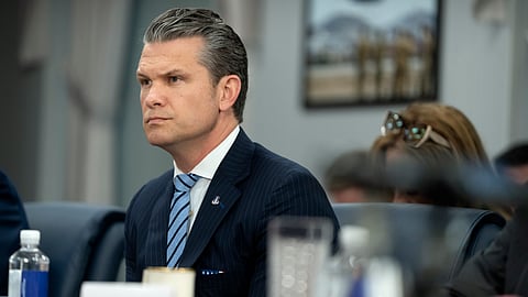 Secretary of Defense Pete Hegseth listens during a meeting with Peru's Foreign Affairs Minister Elmer Schialer and Peru's Minister of Defense Walter Astudillo at the Pentagon, Monday, May 5, 2025, in Washington.