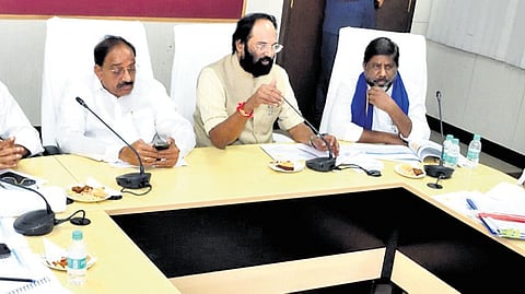 Irrigation and Civil Supplies Minister N Uttam Kumar Reddy, along with his Cabinet colleagues, hold a high-level review meeting at Jala Soudha on Saturday