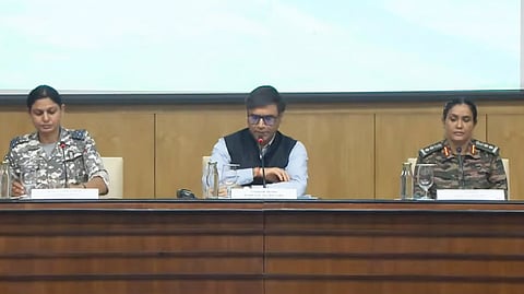 Foreign Secretary Vikram Misri (C), Colonel Sofiya Qureshi (R) and Wing Commander Vyomika Singh (L) address the media on cross-border firing by Pakistan, in New Delhi, Saturday, May 10, 2025.