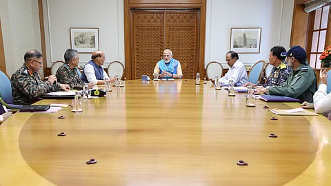 Prime Minister Narendra Modi chairs a high-level meeting with top security officials at his residence in New Delhi, Saturday, May 10, 2025.