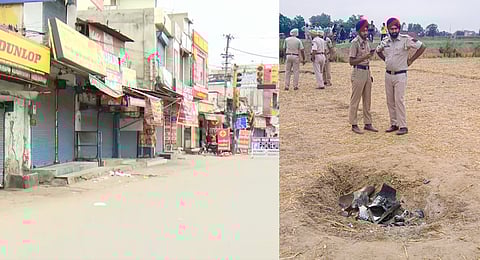 (L) Red alert issued in Pathankot, markets shut as precautionary measure. (R) Security personnel stand near the debris of an unidentified projectile which landed amid the conflict between India and Pakistan, in Jalandhar, Punjab, Saturday, May 10, 2025.
