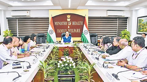 Union Health Minister J P Nadda during a meeting with senior officials of the department to review health infrastructure preparedness, in New Delhi.