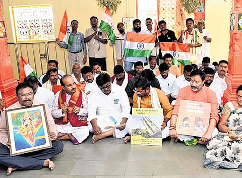 As solidarity to the Indian Army,
BJP leaders recite Hanuman
Chalisa at a temple in Tirupati on Saturday