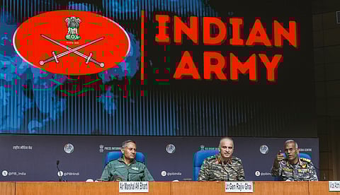 Director General of Military Operations (DGMO) Lt General Rajiv Ghai with Air Marshal AK Bharti and Vice Admiral AN Pramod during a press conference on 'Operation Sindoor', in New Delhi, Sunday, May 11, 2025.