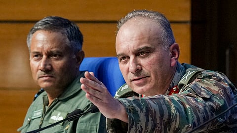 Director General of Military Operations (DGMO) Lt General Rajiv Ghai with Air Marshal AK Bharti during a press conference on 'Operation Sindoor', in New Delhi, Sunday, May 11, 2025.
