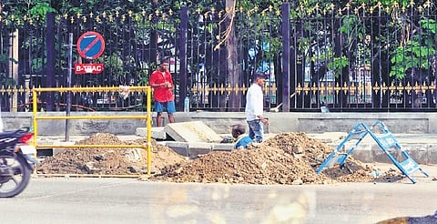 Civic work in progress near the locked KG Road BBMP Park, Bengaluru.