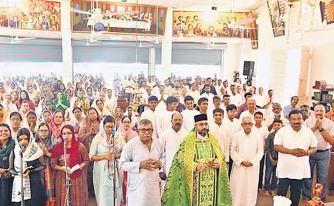 A special prayer in progress at St Gregorios Orthodox Syrian Church, Elamkulam, Kochi, on Sunday for the safety and well-being of the public