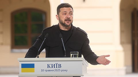 Ukrainian President Volodymyr Zelenskyy speaks during press conference at the Mariinsky Palace in Kyiv, Ukraine, Saturday, May 10, 2025.