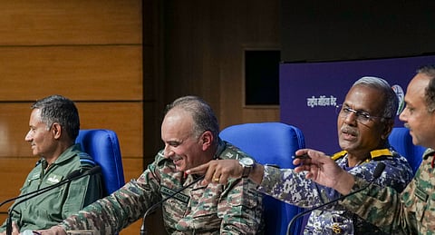 Director General of Military Operations (DGMO) Lt General Rajiv Ghai with Air Marshal AK Bharti, Vice Admiral AN Pramod and Major General SS Sharda during a press conference on 'Operation Sindoor', in New Delhi, Sunday, May 11, 2025.
