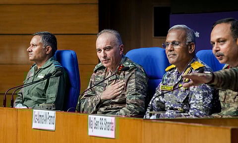 Director General of Military Operations (DGMO) Lt General Rajiv Ghai with Air Marshal AK Bharti, Vice Admiral AN Pramod and Major General SS Sharda during a press conference on 'Operation Sindoor', in New Delhi, Sunday, May 11, 2025.
