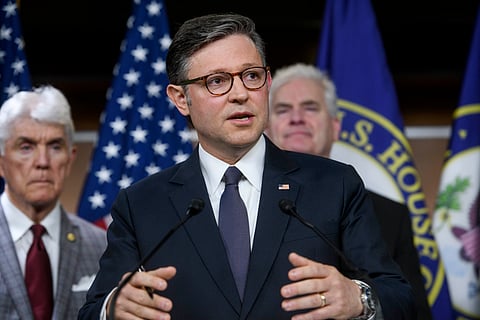 Speaker of the House Mike Johnson, R-La., speaks during a news conference at the Capitol, Tuesday, May 6, 2025, in Washington.