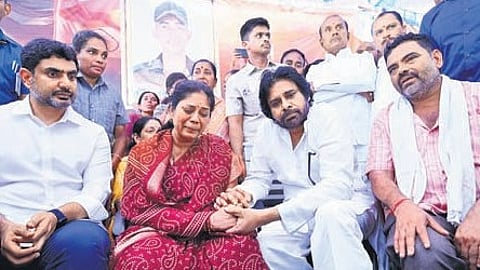 Deputy CM Pawan Kalyan and HRD Minister Nara Lokesh condole parents of Murali Naik in Anantapur district on Sunday.