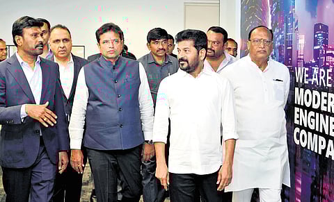 Chief Minister A Revanth Reddy along with IT Minister D Sridhar Babu and other officials during the inauguration of Sonata Softwares New Facility at Nanakramguda in Hyderabad.