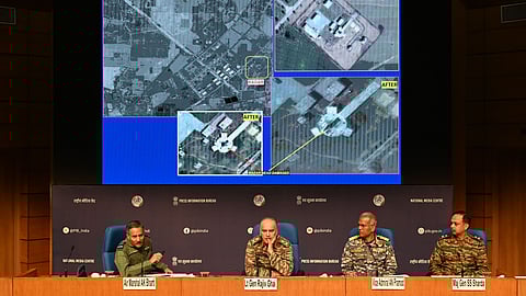 Director General of Military Operations (DGMO) Lt General Rajiv Ghai with Air Marshal AK Bharti, Vice Admiral AN Pramod and Major General SS Sharda during a press conference on Operation Sindoor, in New Delhi, Sunday, May 11, 2025.