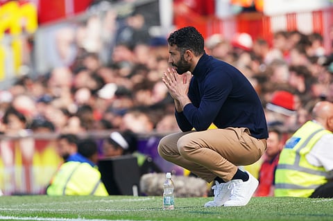 Manchester United's head coach Ruben Amorim reacts during the English Premier League soccer match between Manchester United and West Ham at Old Trafford stadium in Manchester, England, Sunday, May 11, 2025.