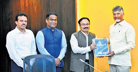 Chief Minister Nara Chandrababu Naidu with officials of the Ministry of Ports, Shipping and Waterways at the State Secretariat on Tuesday.