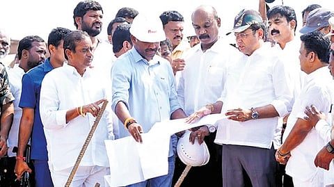 IT Minister D Sridhar Babu reviews construction works of the YISU campus in Rangareddy on Tuesday