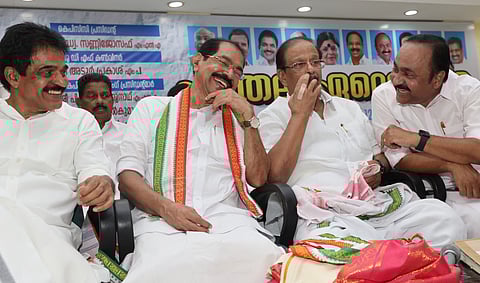 Leader of Opposition V D Satheesan sharing a light moment with Sunny Joseph, who took over as the KPCC president, even as AICC secretary K C Venugopal and outgoing KPCC chief K Sudhakaran join in at the Indira Bhavan in the
state capital on Monday.