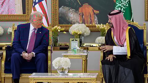 US President Donald Trump speaks with Saudi Crown Prince Mohammed bin Salman during a coffee ceremony at the Royal Terminal of King Khalid International Airport in Riyadh, Saudi Arabia, Tuesday, May 13, 2025.