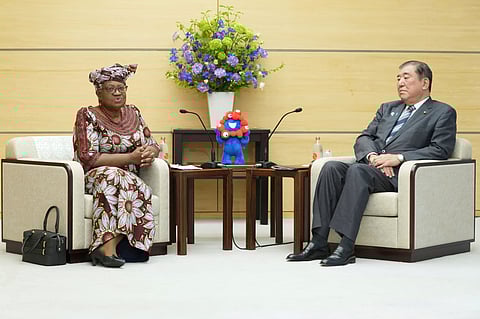 World Trade Organization (WTO) Director-General Ngozi Okonjo-Iweala, left, meets with Japan's Prime Minister Shigeru Ishiba at the latter's office in Tokyo on Tuesday, May 13, 2025.