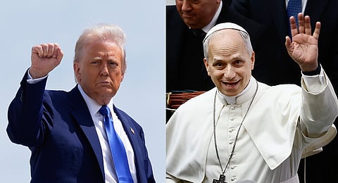(L) US President Donald Trump boards Air Force One, Monday, May 12, 2025, at Joint Base Andrews, Md. (R) Pope Leo XIV waves to photographers during an audience in the Paul VI Hall at the Vatican on Monday, May 12, 2025.