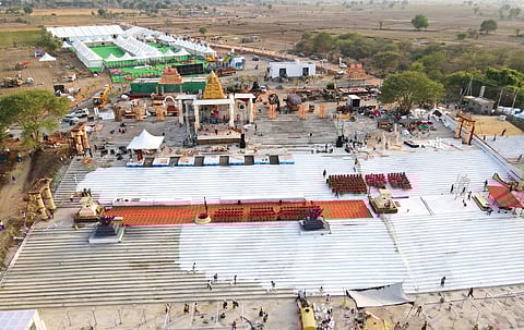An aerial view of Sri Kaleshwara Mukteswara Swamy temple decked up for the 12-day Saraswati Pushkaralu