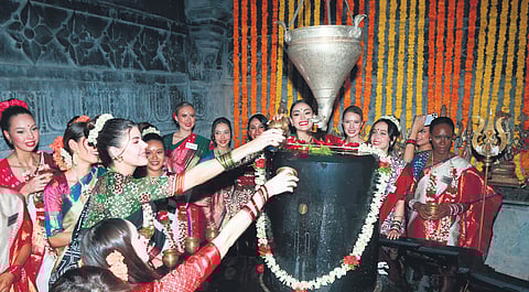 Miss World contestants perform abhishekam at the Ramappa Temple in Mulugu on Wednesday