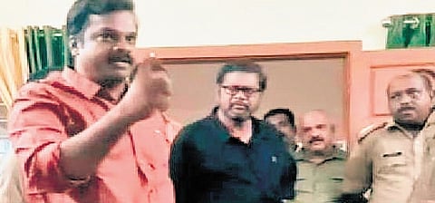 A snap of a video clip that shows an evidently furious Konni MLA K U Jeneesh berating officials at Padam forest office on Wednesday