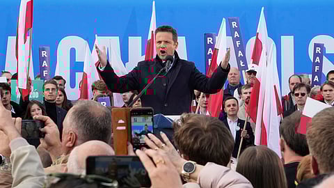 Warsaw Mayor Rafał Trzaskowski, a liberal candidate in Poland's presidential election, speaks to supporters during a campaign stop, in Lodz, Poland, Friday, May 9, 2025.
