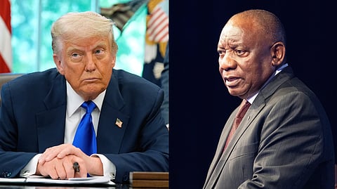 (L) US President Donald Trump in the Oval Office of the White House, Monday, May 5, 2025, in Washington. (R) South African President Cyril Ramaphosa attends a meeting in Johannesburg, South Africa, Thursday, Feb. 20, 2025.