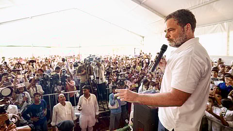 Congress MP and Lok Sabha Leader of Opposition Rahul Gandhi addresses the Shiksha Nyay Samvad programme, in Darbhanga, Thursday, May 15, 2025