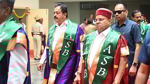 Governor Thaawarchand Ghelot and Agriculture Minister N Cheluvarayaswamy arrive for the 59th convocation ceremony of UAS at GKVK on Thursday.
