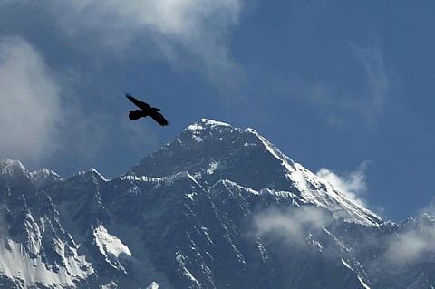 A bird flies in the backdrop of Mount Everest, as seen from Namche Bajar, Solukhumbu district, Nepal on May 27, 2019.