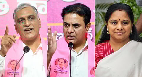 (L-R) BRS leaders T Harish Rao, KT Rama Rao and K Kavitha.