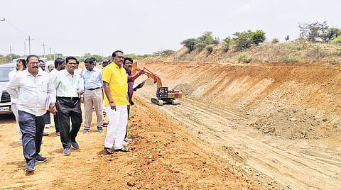 Water Resources Minister Nimmala Ramanaidu inspects the Handri-Neeva Sujala Sravanthi (HNSS) project works on Friday