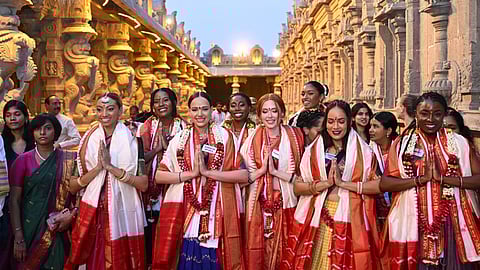 Miss World contestants visit Sri Lakshmi Narasimha Swamy Temple at Yadagirigutta on Thursday.