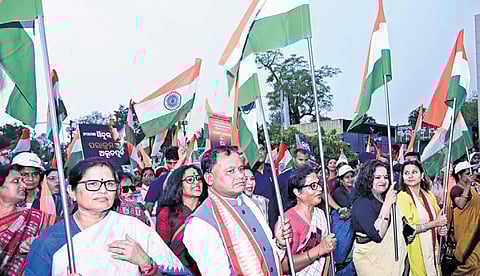 Chief Minister Mohan Charan Majhi, Speaker Surama Padhy, deputy chief minister Pravti Parida and others participate in Sindoor Yatra