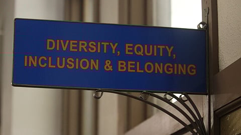 FILE - The sign above the door to the Office of Diversity, Equity, Inclusion and Belonging inside the main administration building on the main University of Kansas campus is seen on Friday, April 12, 2024, in Lawrence, Kan
