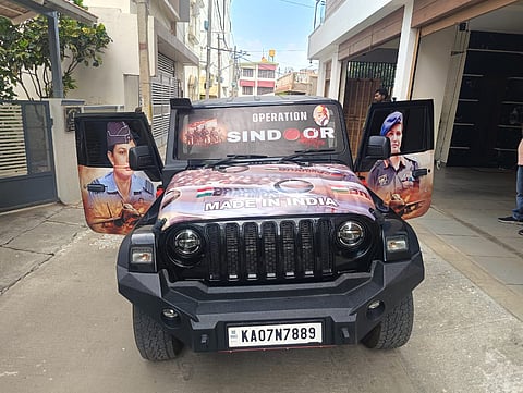 Chalapathy has pasted stickers on his jeep with the tri-colour, pictures of Soldiers and Senior military officials, Brahmos Missile and the photo of Prime Minister Narendra Modi covering the Jeep