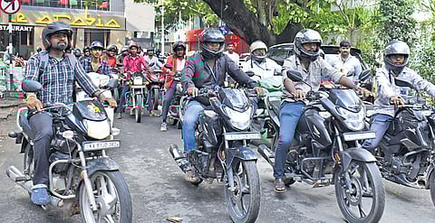 Bike Taxi Welfare Association members ride out to submit a representation to Transport Minister Ramalinga Reddy, detailing how the bike taxi ban in Karnataka will impact their livelihood, in Bengaluru on Saturday
