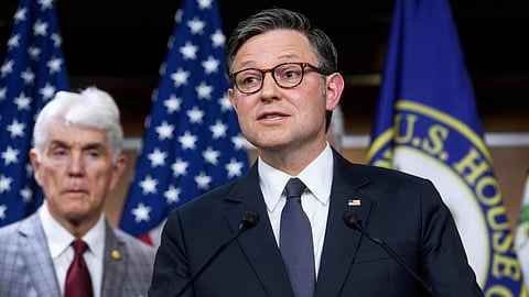 US House Speaker Mike Johnson, R-La., speaks during a news conference at the Capitol, May 6, 2025, in Washington.