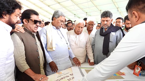 Chief Minister Siddaramaiah, DCM DK Shivakumar and their cabinet colleagues inspect the preparations for the Sadhana Samavesha in Hosapete on Friday