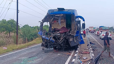 Wreckage of the Omni bus that collided with a tourist van on the Salem–Karur National Highway on Saturday, May 17, 2025.